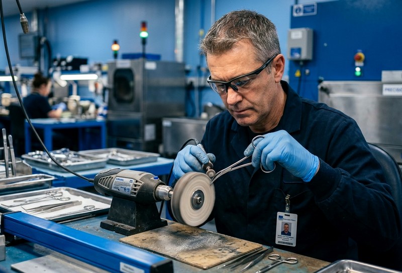 Hand grinding and edge profiling of surgical instruments by master artisan